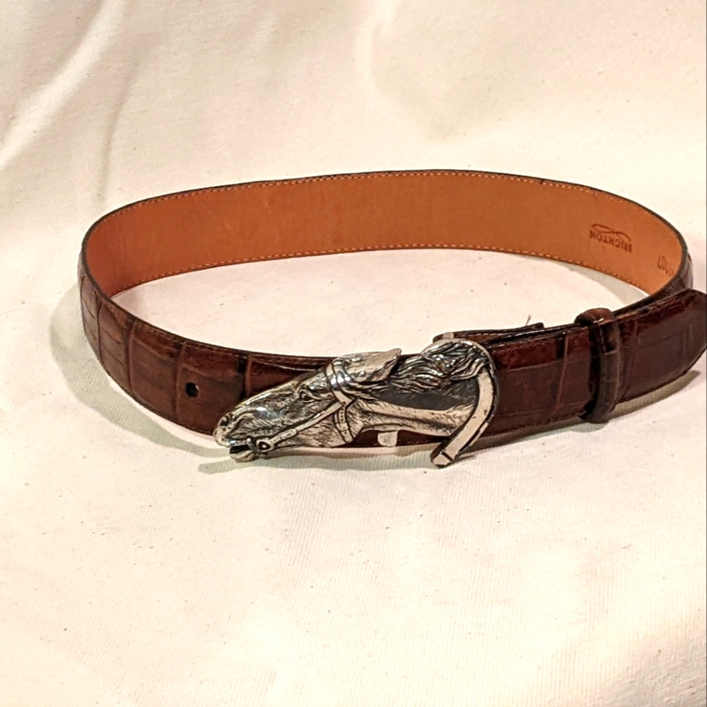 Brighton Belt Horse Buckle Embossed Brown Leather Equestrian Silver Statement